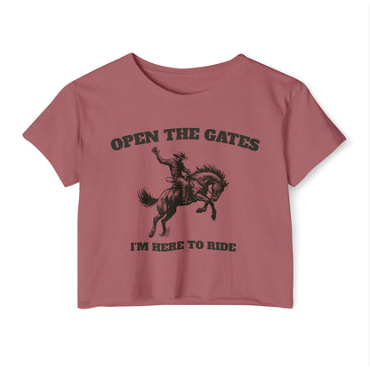 Rodeo inspired cropped tee, Open the gates rodeo Festival Crop Top | Music Lover Gift, Retro Shirt, Concert Attire, Summer Top