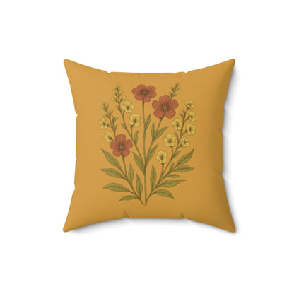 Wildflower Mustard Square Pillow for Home Decor, Floral Accent Cushion, Decorative Throw Pillow Set, Red and White Flowers, Spun Polyester
