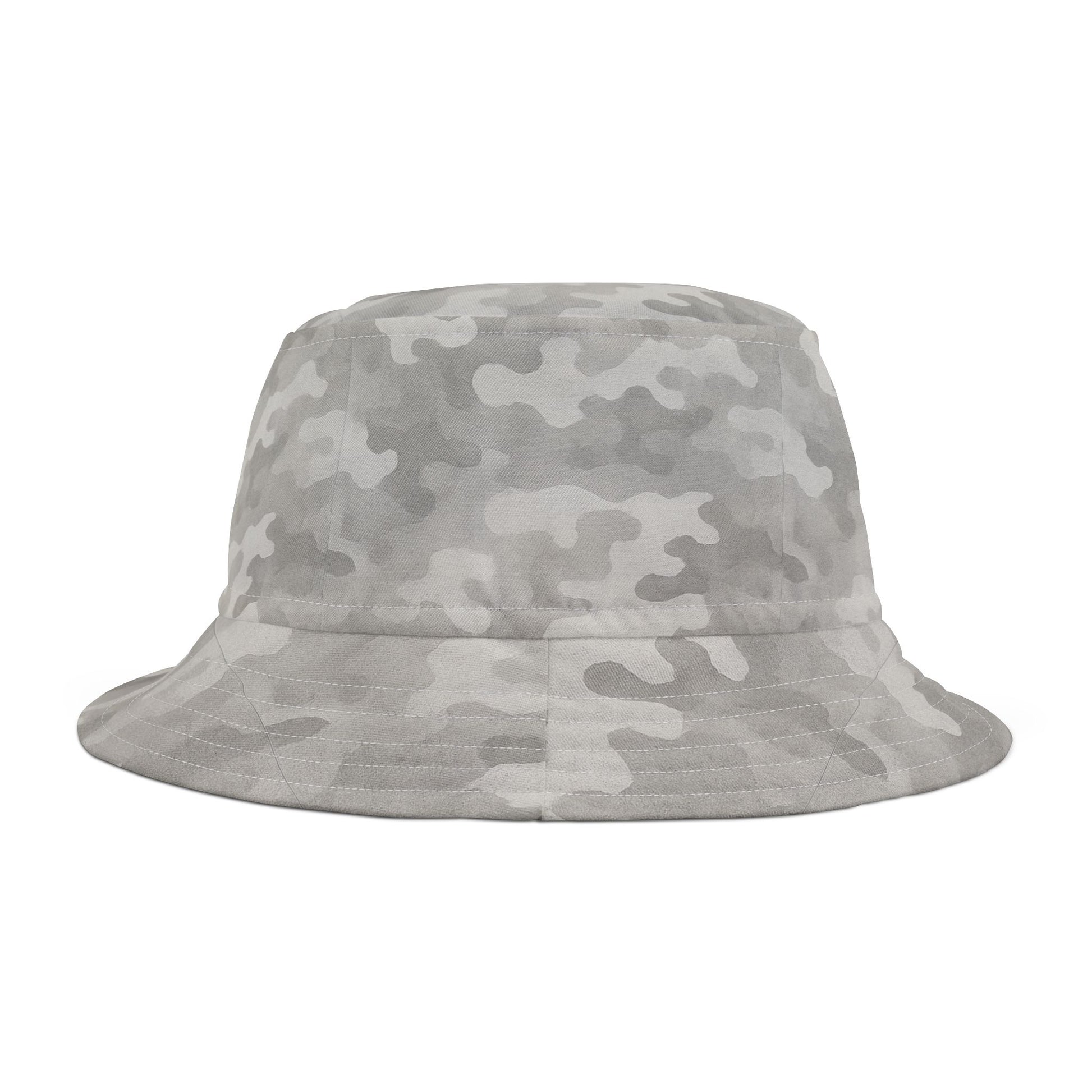 Camouflage-patterned bucket hat on a white background