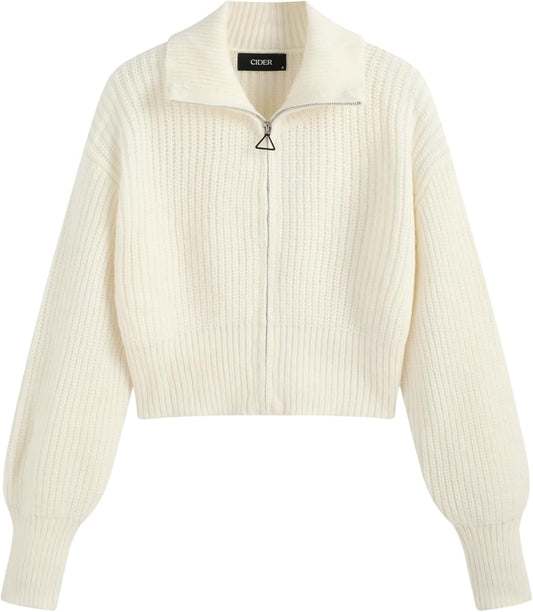 CIDER Zip Up Cardigans for Women Fall Trendy Long Sleeve Chunky Cardigan Knit Open Front Collared Zipper Cardigan