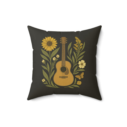 Folk Art Pillow, Guitar Butterfly Sunflower on Faded Black Background - Spun Polyester Square Pillow, Home Decor Accent, Unique Throw