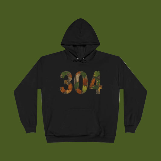Black hoodie with '304' printed in camouflage pattern on a white background