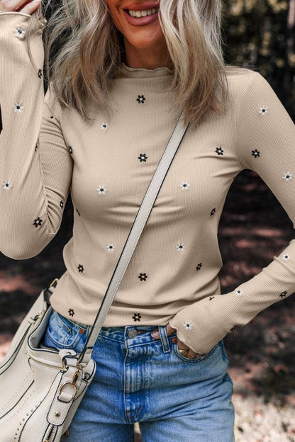 Floral Ribbed Embroidered Long Sleeve Top
