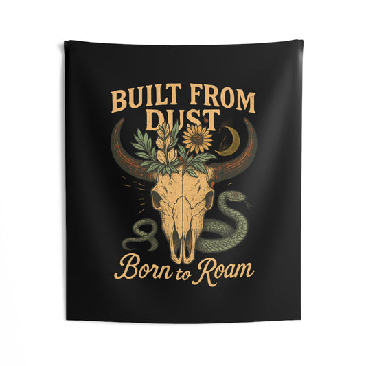 Cow Skull Sunflower Wall Tapestry — 'Born to Roam' Desert Snake Boho Decor