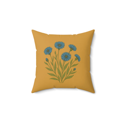 Wildflower Golden yellow Square Pillow for Home Decor, Floral Accent Cushion, Throw Pillow Set, blue Flowers, Spun Polyester