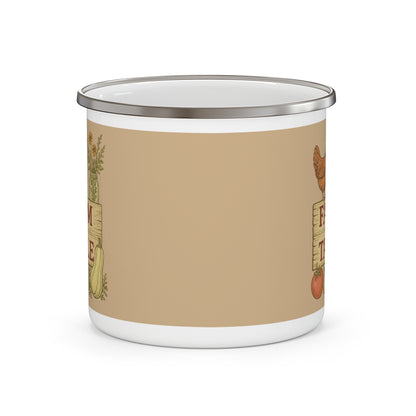Farm to Table Enamel Camping Mug, Rustic Coffee Cup, Farmhouse Kitchen Decor, Gift for Nature Lovers, Outdoor Adventure Mug