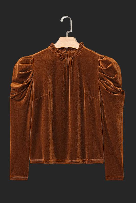 Brown velvet blouse on a hanger against a white background