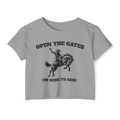Rodeo inspired cropped tee, Open the gates rodeo Festival Crop Top | Music Lover Gift, Retro Shirt, Concert Attire, Summer Top