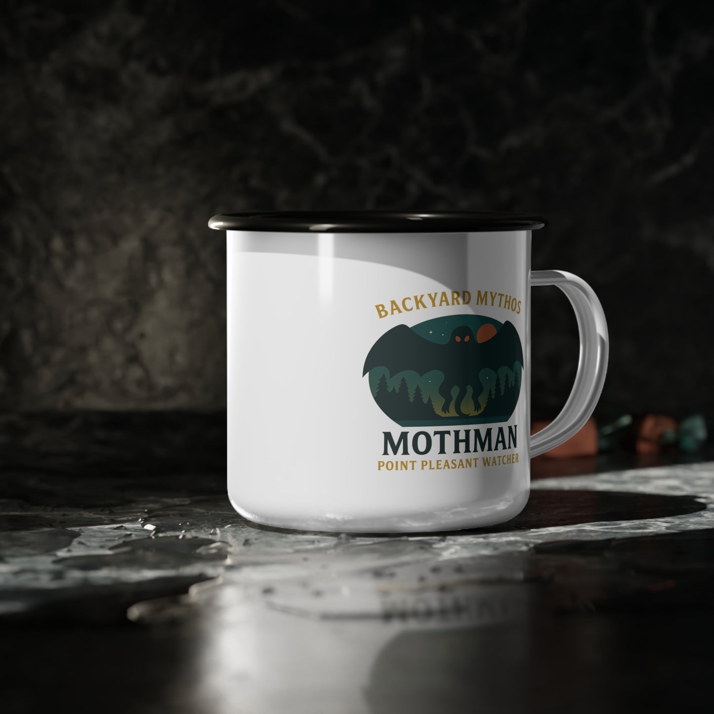Backyard Mythos Moth man Enamel Camping Mug – Point Pleasant Watcher