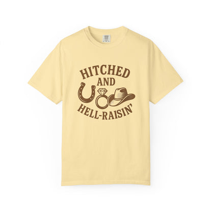 Country Bachelorette party T-shirt, Unisex Tee, Western Bridal Shower Shirt, Hitched and Hell-Raising Top, Southern Wedding Apparel
