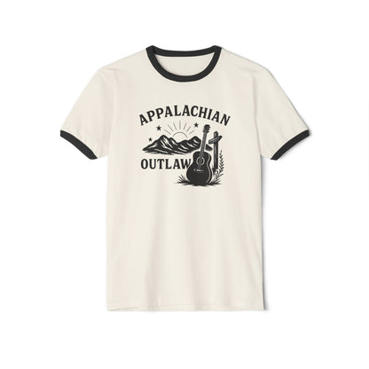 Appalachian Outlaw Ringer Tee ,Vintage Country Music Shirt, Retro Mountain Guitar Graphic, Gift for Him or Her