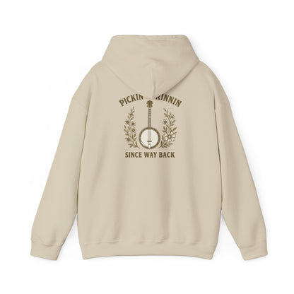 Vintage hoodie Sweatshirt with Pickin and Grinnin Banjo design on the back for bluegrass lovers