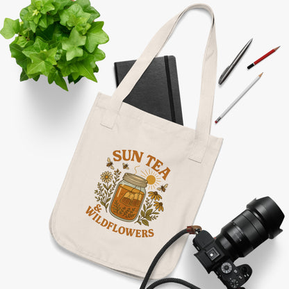 Sun Tea and Wildflowers Organic Canvas Tote Bag, Farmers Market Reusable Eco Friendly Bag, Nature Lover Gift, Sustainable Shopping Tote,