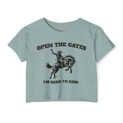 Rodeo inspired cropped tee, Open the gates rodeo Festival Crop Top | Music Lover Gift, Retro Shirt, Concert Attire, Summer Top
