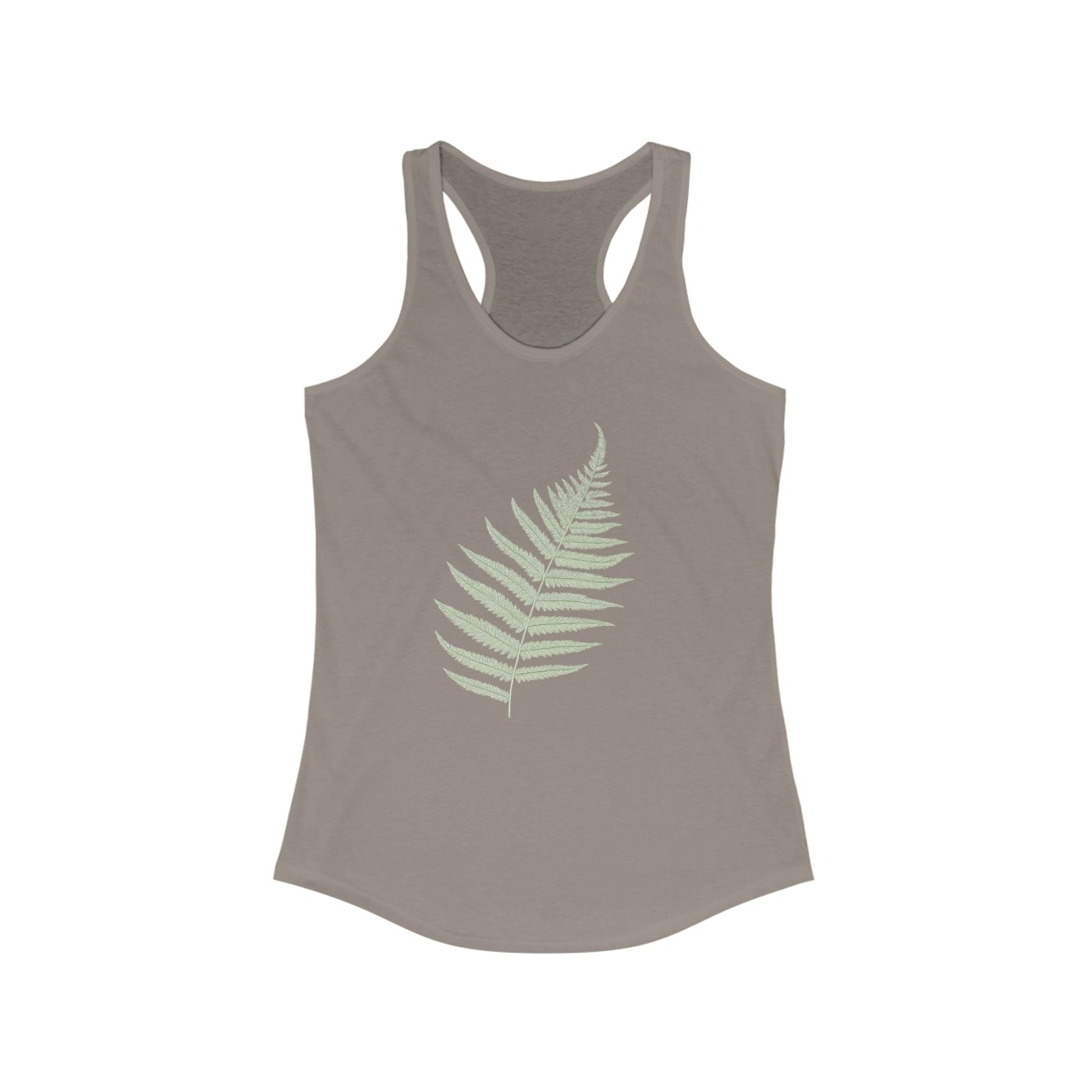 Gray tank top with a green fern leaf design on a white background