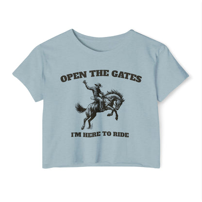 Rodeo inspired cropped tee, Open the gates rodeo Festival Crop Top | Music Lover Gift, Retro Shirt, Concert Attire, Summer Top