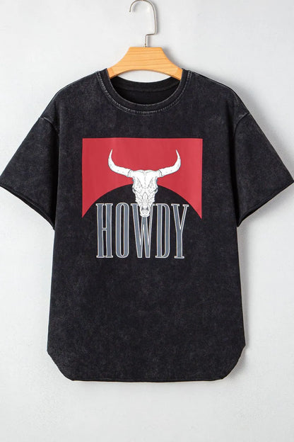 Black t-shirt with red bull skull graphic and 'HOWDY' text on a white background