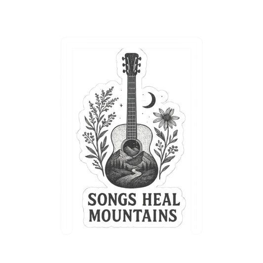 Songs Heal Mountains Sticker — Vintage Mountain & Guitar Kiss-Cut Decal