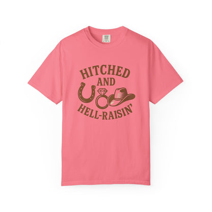 Country Bachelorette party T-shirt, Unisex Tee, Western Bridal Shower Shirt, Hitched and Hell-Raising Top, Southern Wedding Apparel
