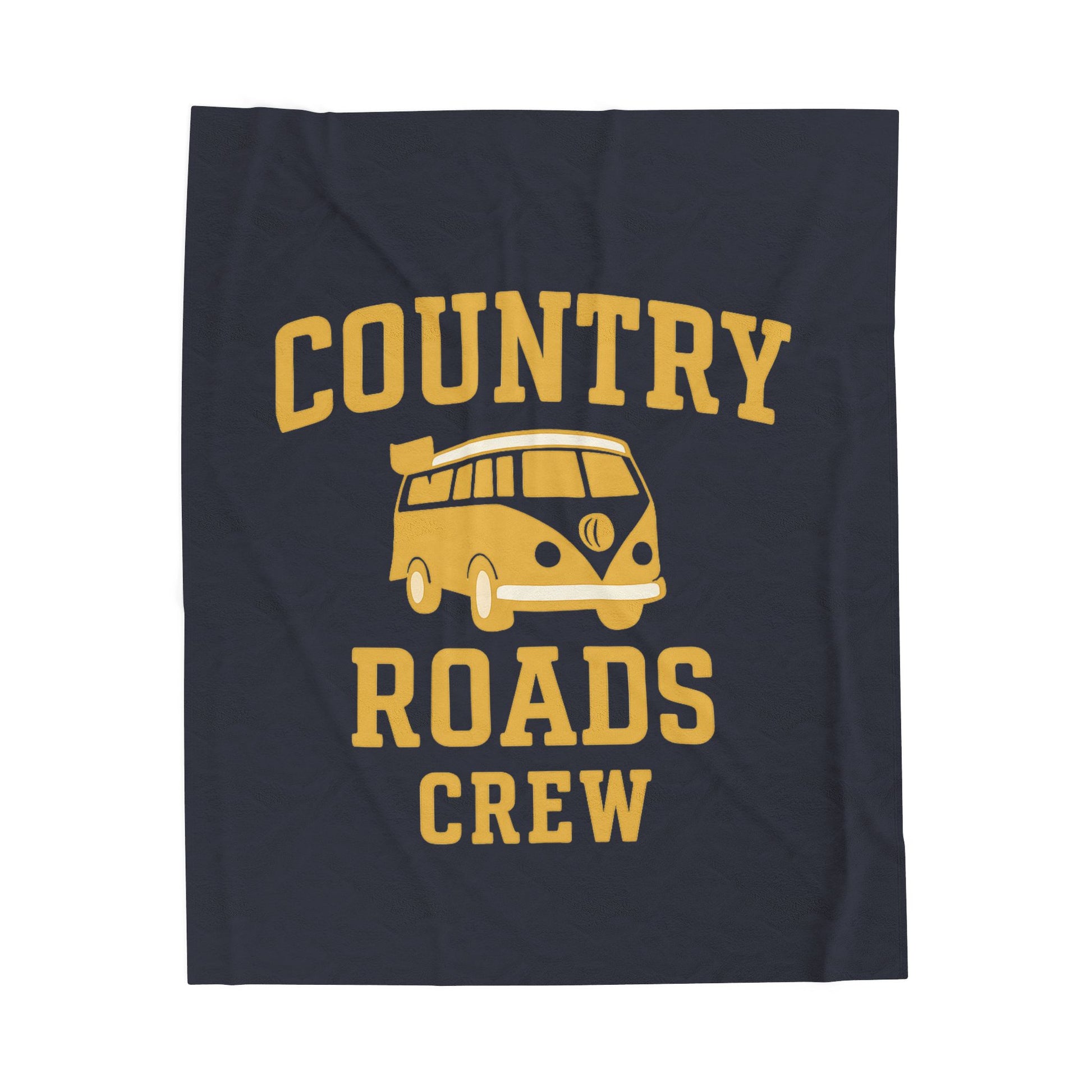 Navy blanket with yellow 'Country Roads Crew' text and van graphic on a white background