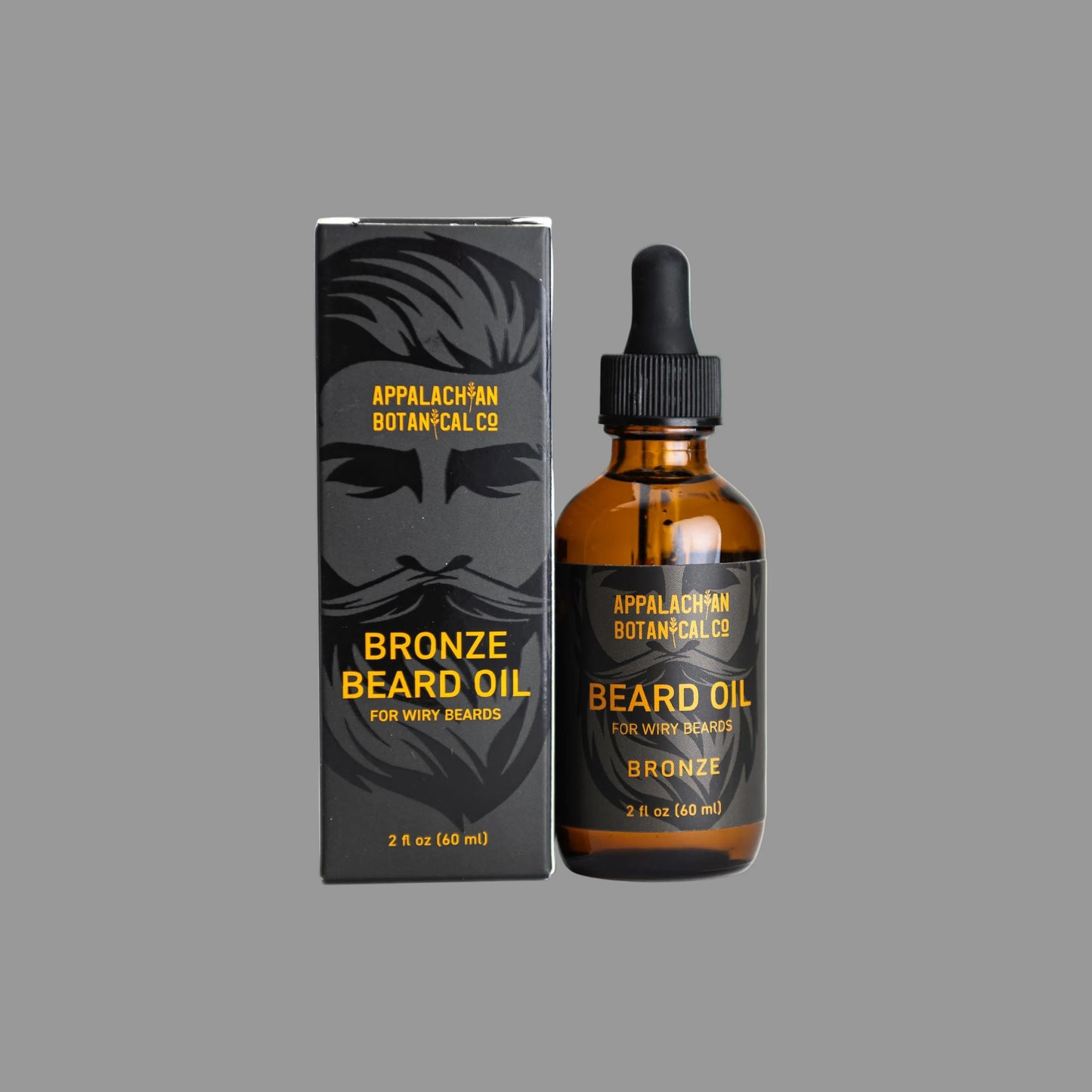 Appalachian Botanical Bronze Beard Oil bottle and packaging on a white background