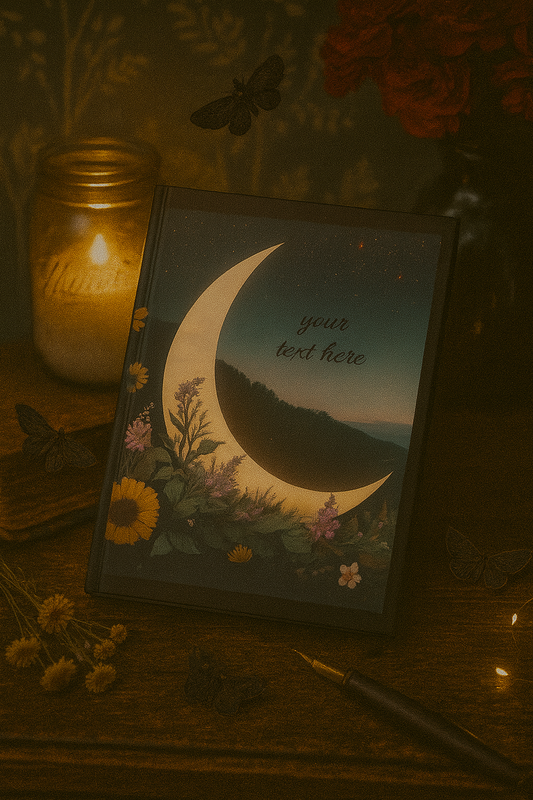 Decorative journal with moon and flowers on a wooden surface with a candle.