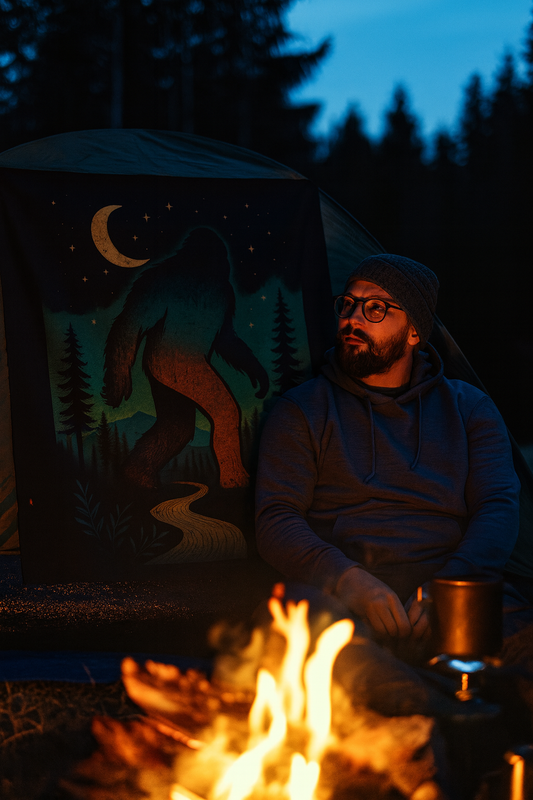 Person sitting by a campfire with a Bigfoot mural in the background