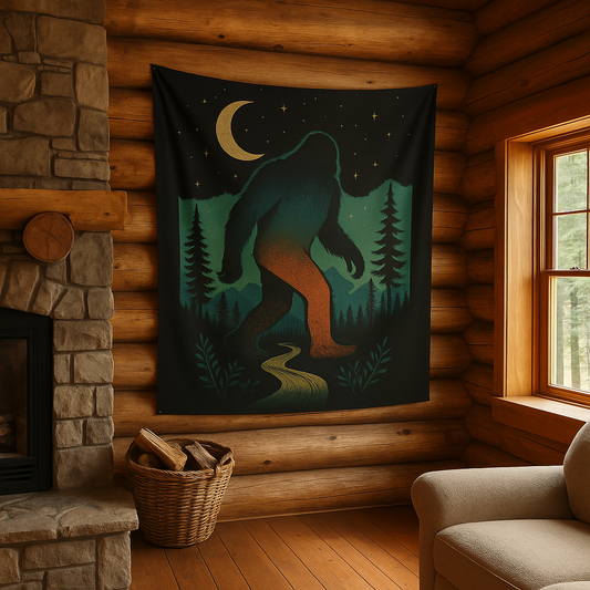Tapestry of a big foot creature in a forest scene hanging on a wooden wall above a stone fireplace.