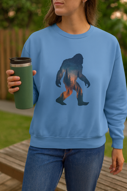 Person wearing a blue sweatshirt with a Bigfoot graphic, holding a green tumbler outdoors.