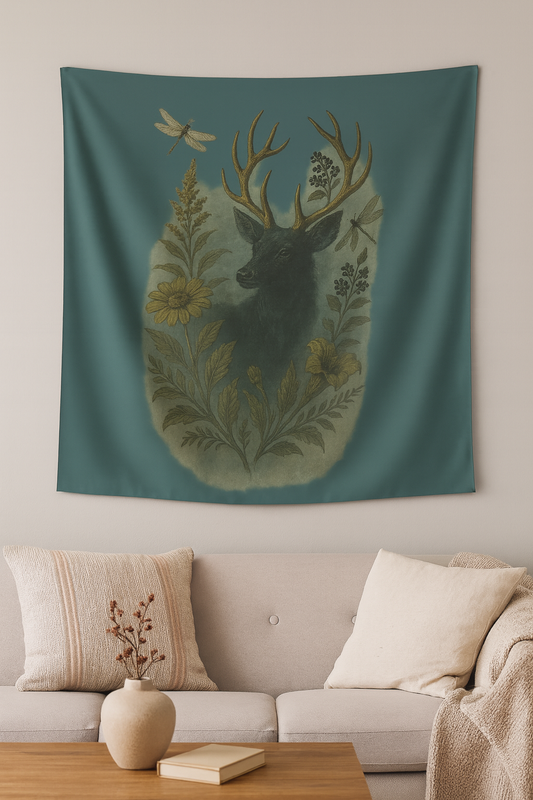 Decorative tapestry with a deer and floral design on a wall above a sofa.