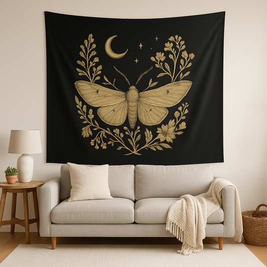 Black tapestry with gold butterfly design hanging above a gray sofa in a living room.