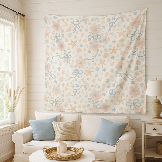 Floral tapestry hanging above a beige sofa in a living room.