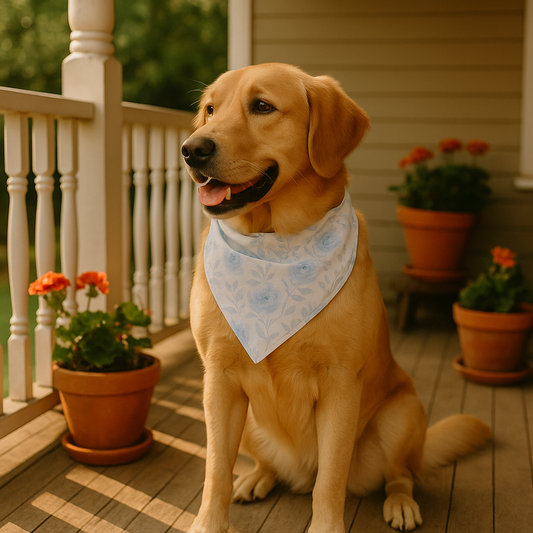 Dog wearing a bandana sitting on a porch with potted plants.