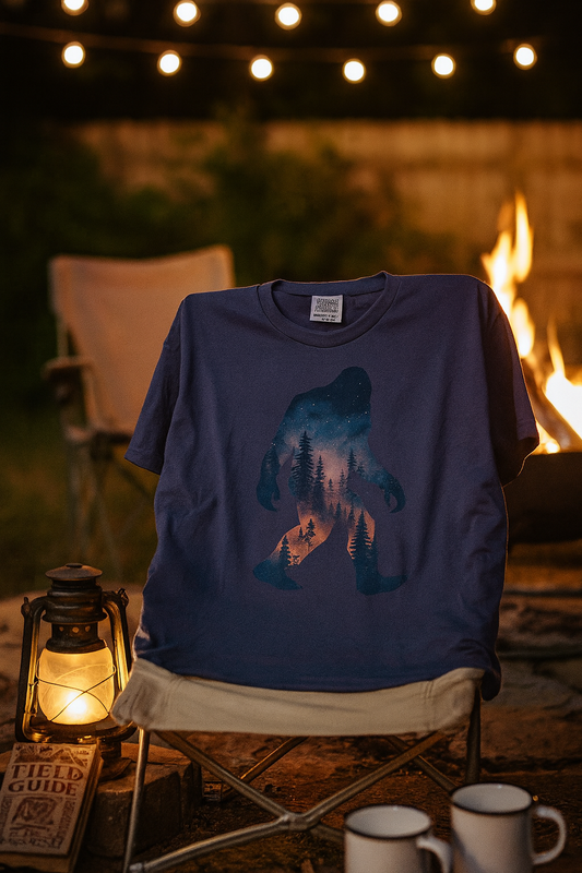 Blue t-shirt with big foot design on a chair by a campfire