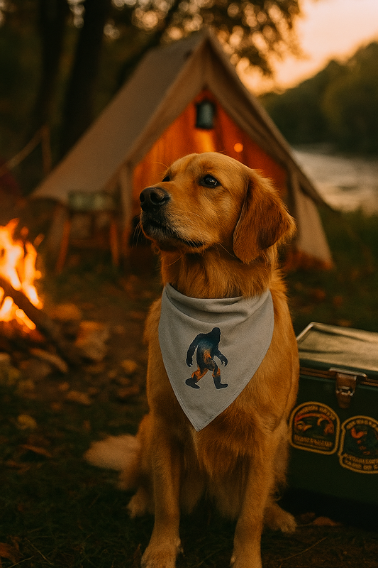 Dog wearing a bandana with bigfoot in front of a tent and campfire at sunset.