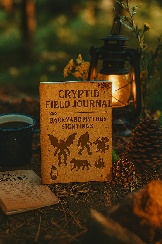 Cryptid Field Journal with lantern and cup in a forest setting