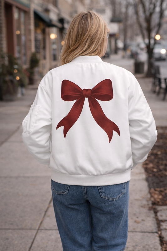 Coquette Bow Bomber Jacket – Velvet-Style Red Bow, Jewel-Tone Evergreen, Chic Holiday Gift Wrap Aesthetic