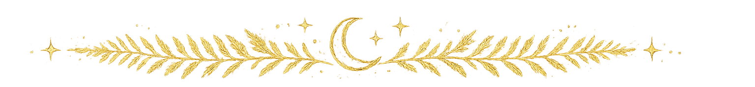 Decorative gold design with leaves and a moon on a white background
