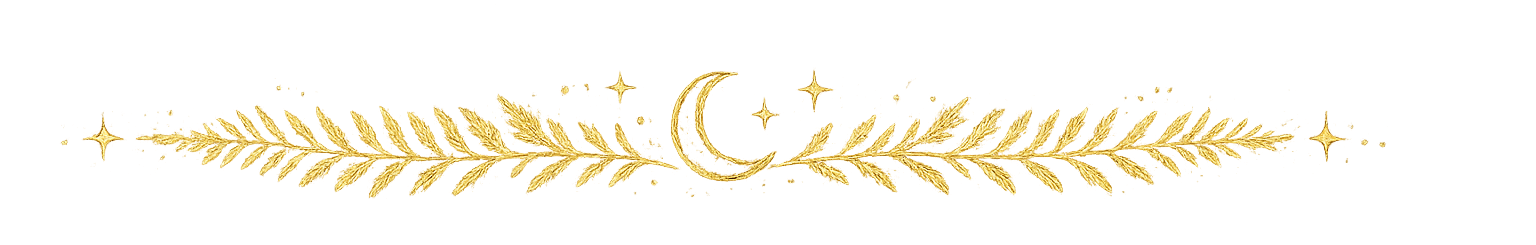 Decorative gold design with leaves and a moon on a white background