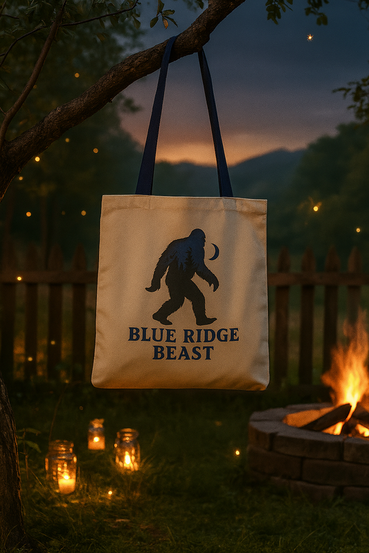 Blue Ridge Beast Tote Bag, Bigfoot Forest Design, Appalachian Folklore Style with Sasquatch