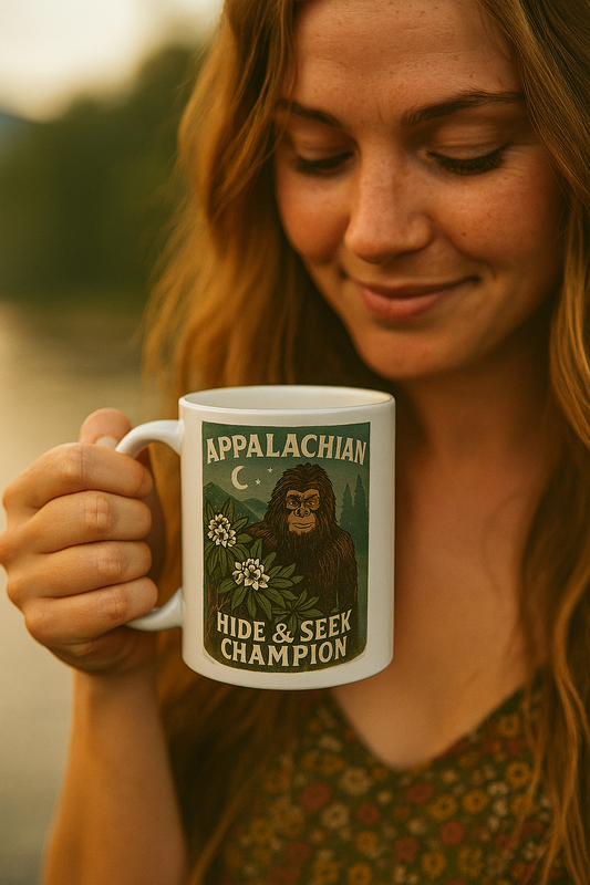 Sasquatch Hide & Seek Champion Ceramic Mug, Funny Gift, Appalachian Style, Nature Lover's Coffee Mug, Cool Mug for Friends