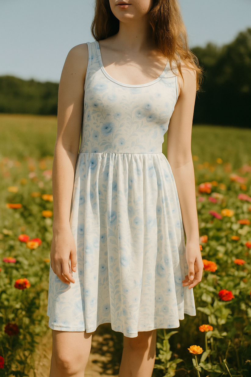 Dusty Blue Rose Floral Skater Dress – Vintage-Inspired Summer Sundress