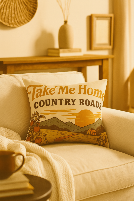 West Virginia Country Roads take me home throw pillow with a beautiful country scene