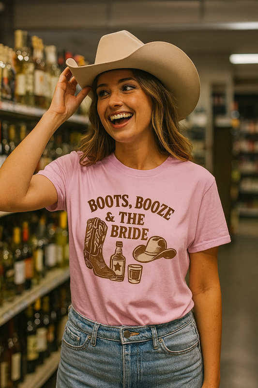 Country Bachelorette Party T-shirt, Boots Booze Bride Western Shirt, Wedding Shower Tee, Southern Bridal Party Top, Rustic Bride Tribe Gift