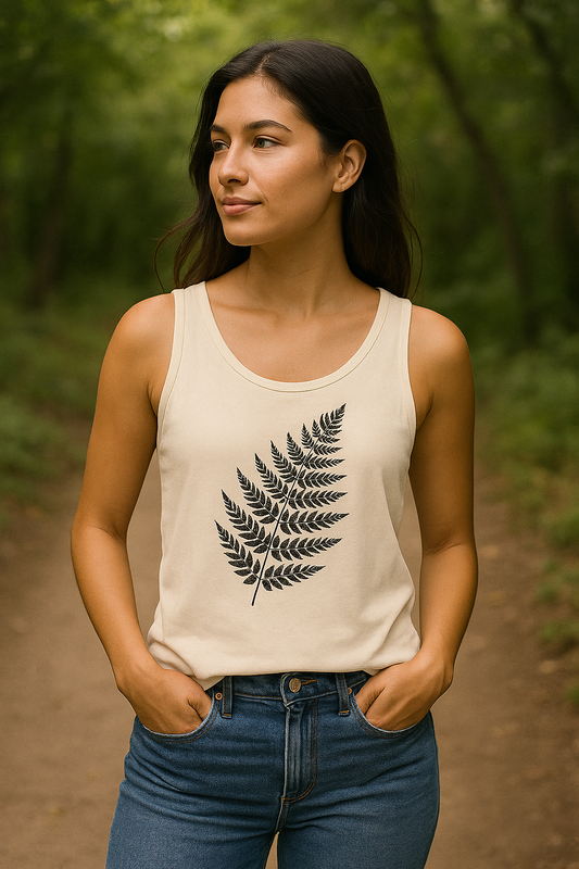 Woman wearing a beige tank top with a fern design in a forest setting