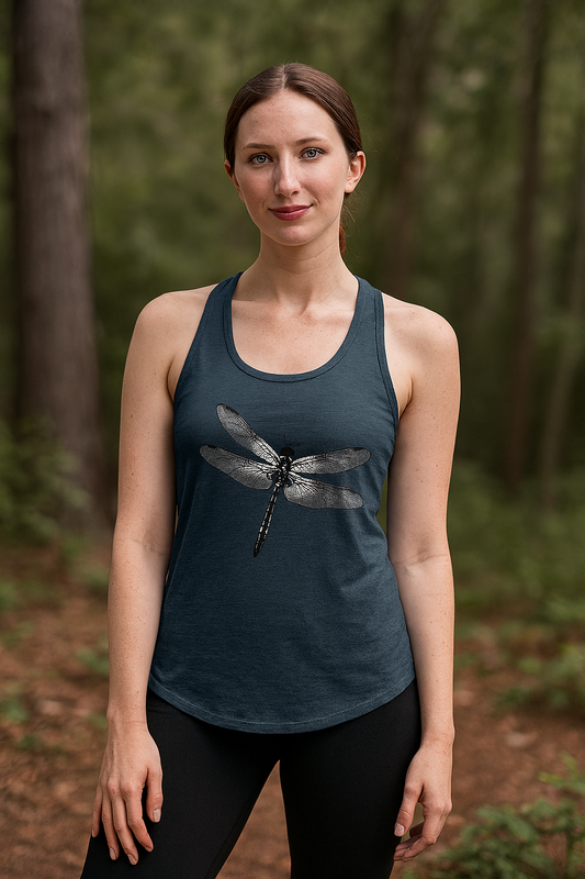 Woman wearing a tank top with a dragonfly design in a forest setting