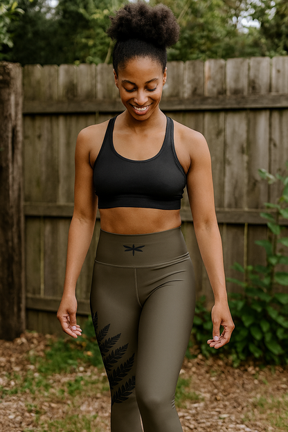 Woman wearing a black sports bra and green leggings outdoors.
