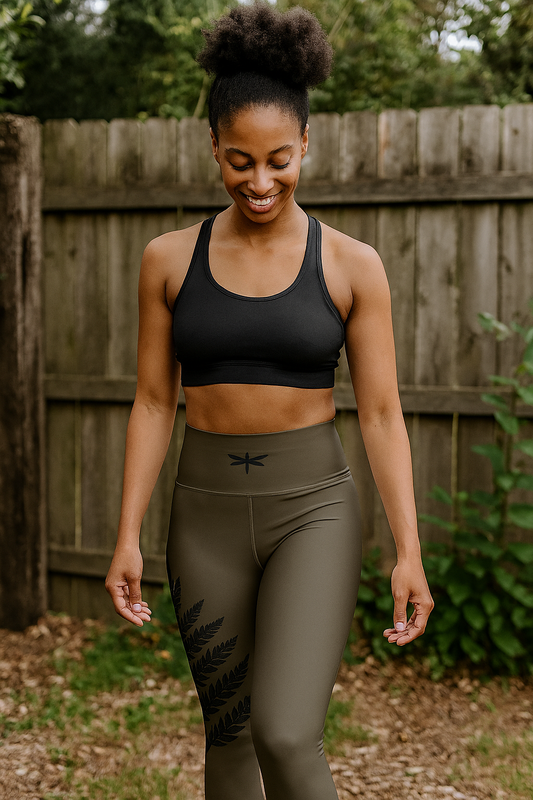 Woman wearing a black sports bra and green leggings outdoors.