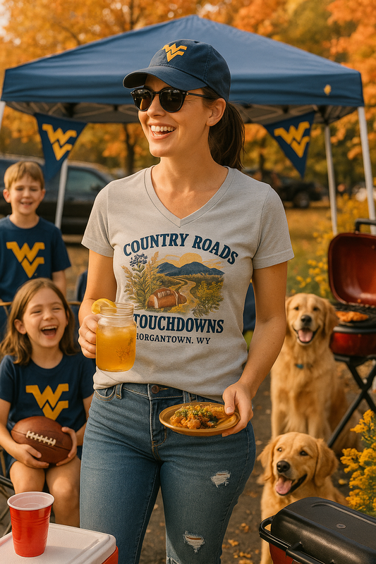 Woman in a 'Country Roads Touchdowns' shirt with family and dogs at an outdoor event.