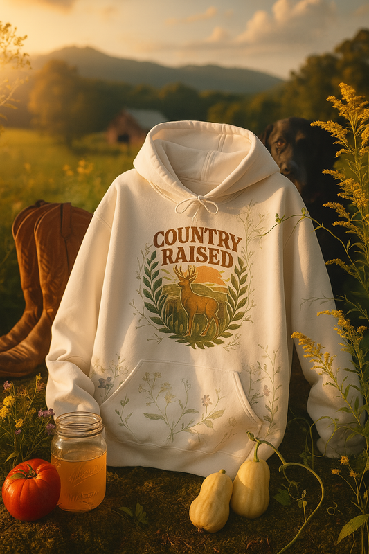 Country Raised Hoodie, Farm Life Pullover, Rural Living Sweatshirt, Outdoor Adventure Jumper, Ranch Style Outerwear